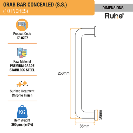 Grab Bar Stainless Steel (10 Inches) Concealed dimensions and sizes