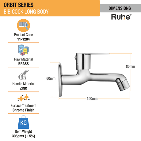 Orbit Bib Tap Long Body Brass Faucet dimensions and size