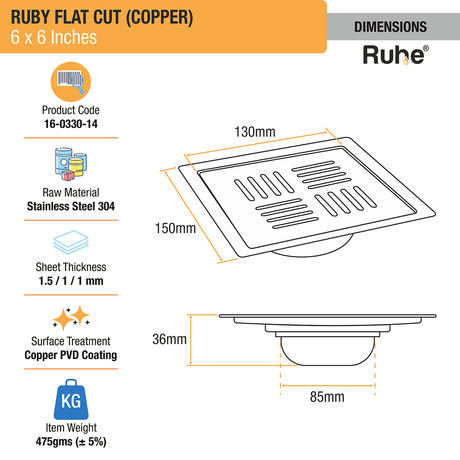 Ruby Square Flat Cut Floor Drain in Antique Copper PVD Coating (6 x 6 Inches dimensions and size