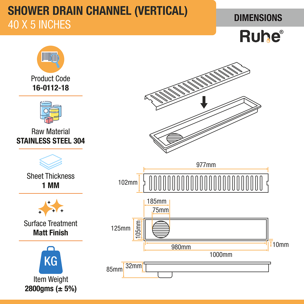 Vertical Shower Drain Channel (40 x 5 Inches) with Cockroach Trap (304 Grade) dimensions and size