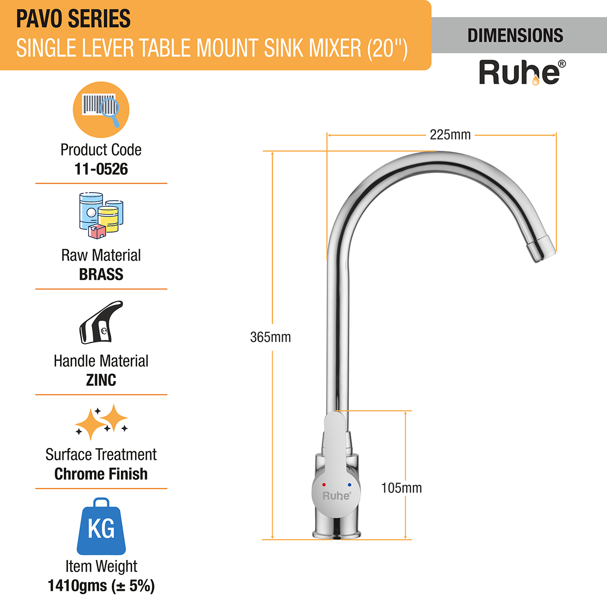 Pavo Single Lever Table Mount Sink Mixer with Large (20 inches) Round Swivel Spout Faucet dimensions and sizes