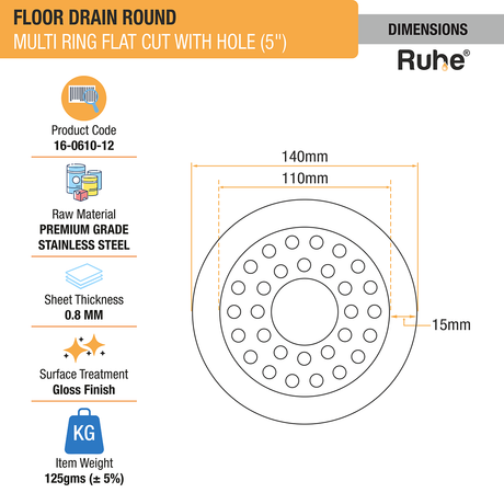 Multi Ring Flat Cut Floor Drain (5 inches) with Hole (Pack of 2) - by Ruhe®