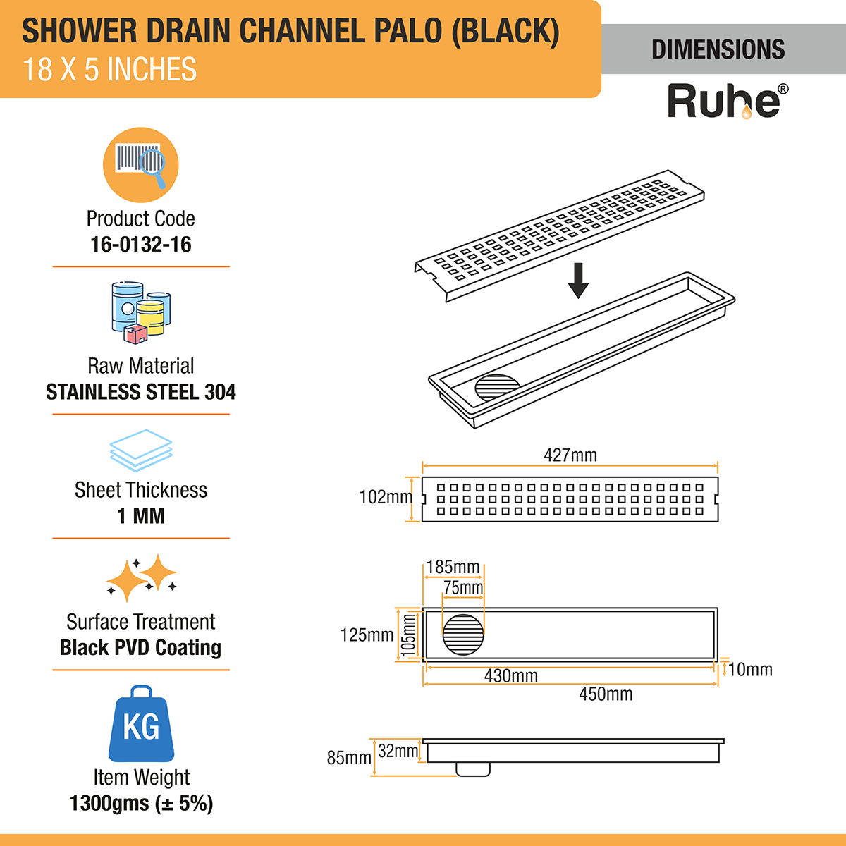 Palo Shower Drain Channel (18 x 5 Inches) Black PVD Coated dimensions and sizes