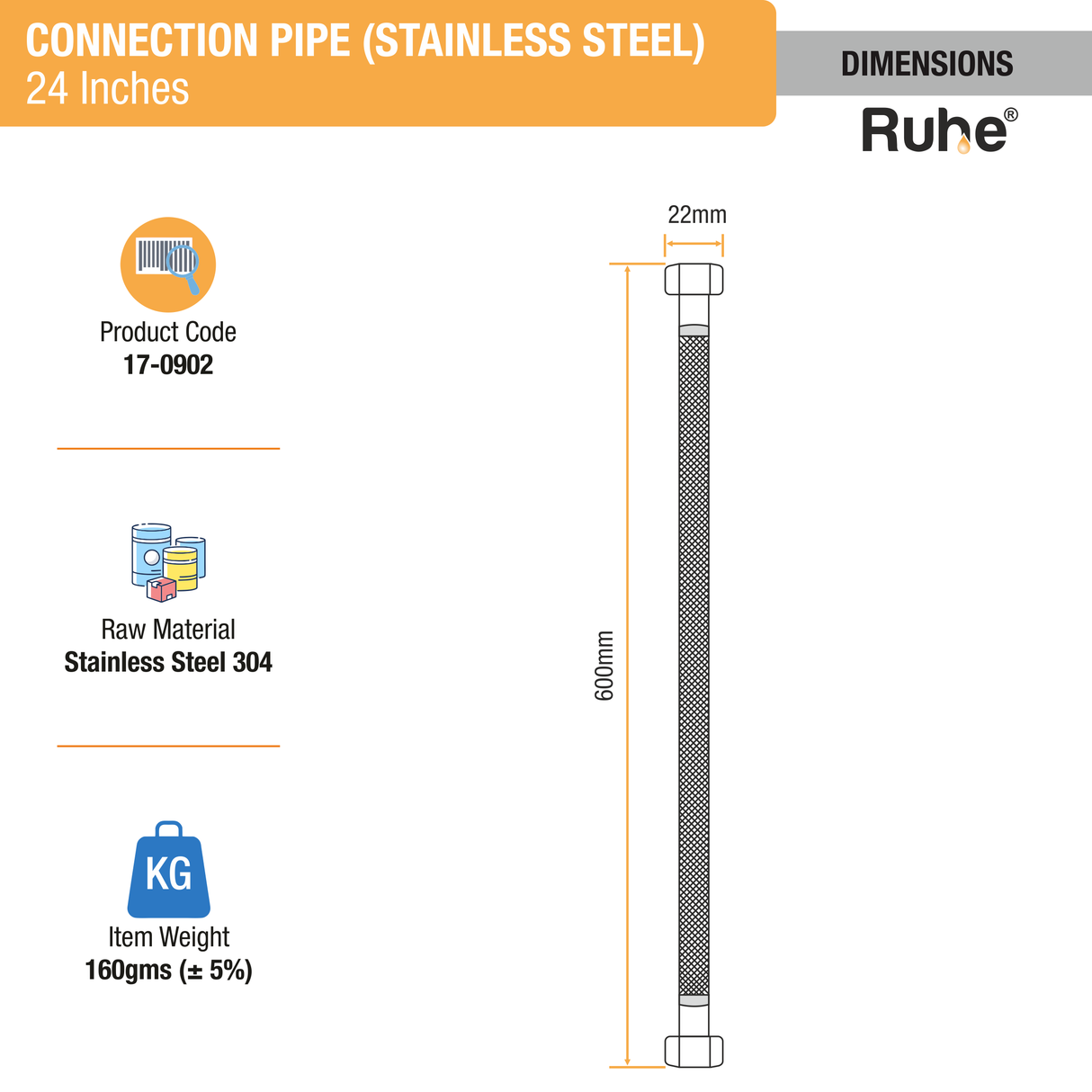 Geyser Connection Pipe 304 Grade SS 24" (Pack of 2) - by Ruhe