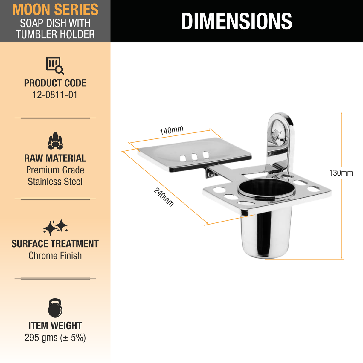 Moon Stainless-Steel Soap Dish with Tumbler Holder- by Ruhe®