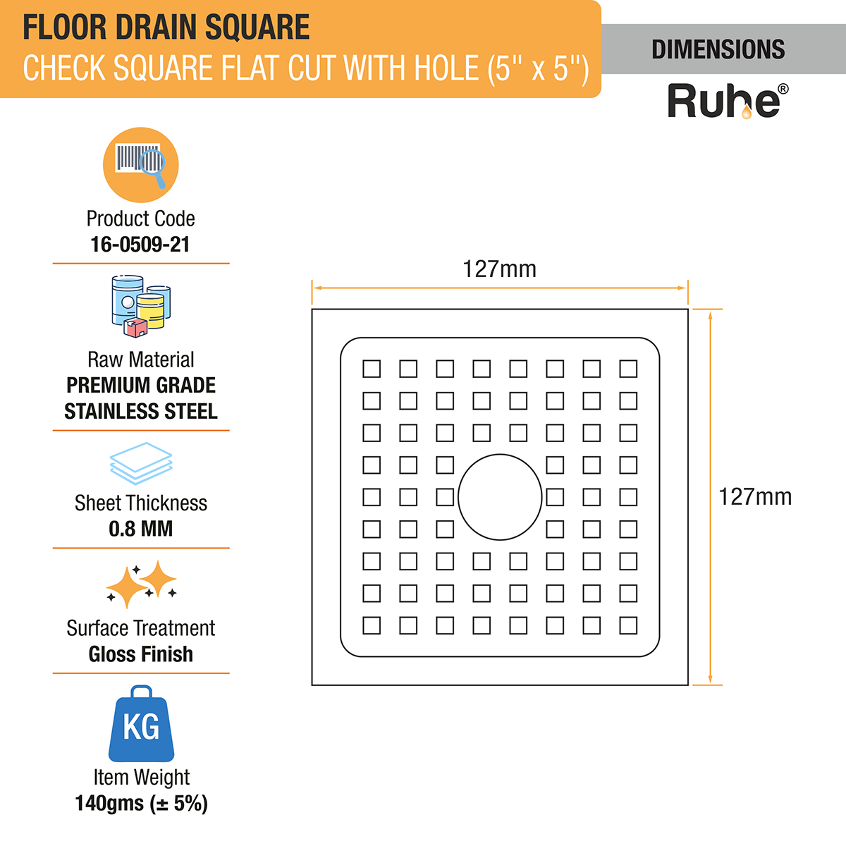 Check Floor Drain Square Flat Cut (5 x 5 Inches) with Hole dimensions and size