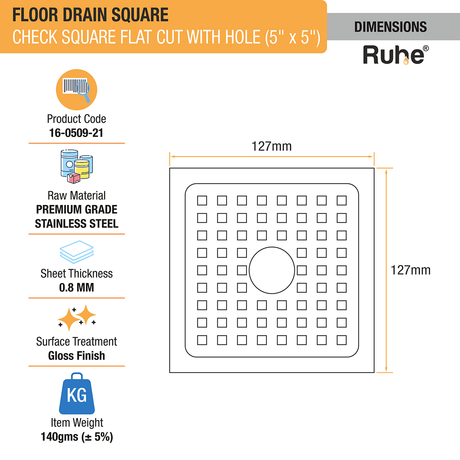 Check Floor Drain Square Flat Cut (5 x 5 Inches) with Hole dimensions and size