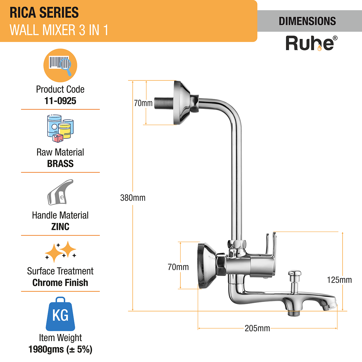 Rica 3-in-1 Wall Mixer Tap - by Ruhe