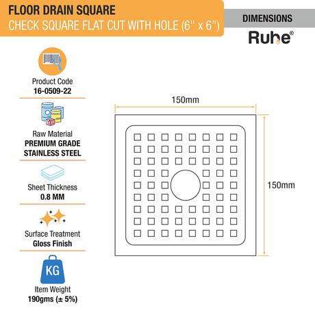 Check Floor Drain Square Flat Cut (6 x 6 Inches) with Hole dimensions and size