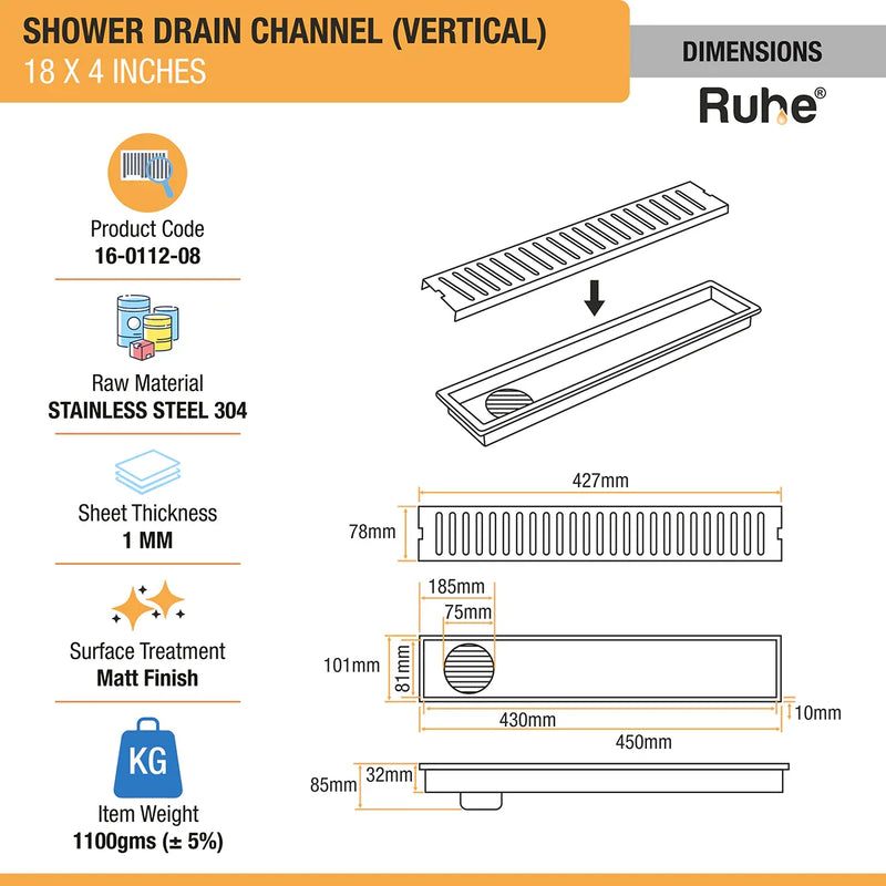 Vertical Shower Drain Channel (18 x 4 Inches) with Cockroach Trap (304 Grade) - by Ruhe