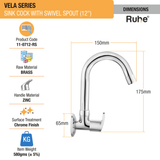 Vela Sink Tap with Small (12 inches) Round Swivel Spout Brass Faucet dimensions and size