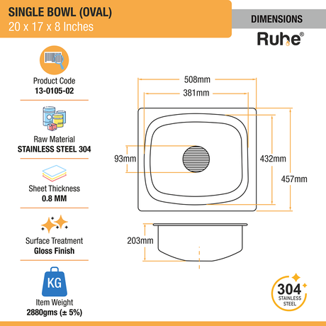 Oval Single Bowl (20 x 17 x 8 inches) 304-Grade Kitchen Sink dimensions and sizes