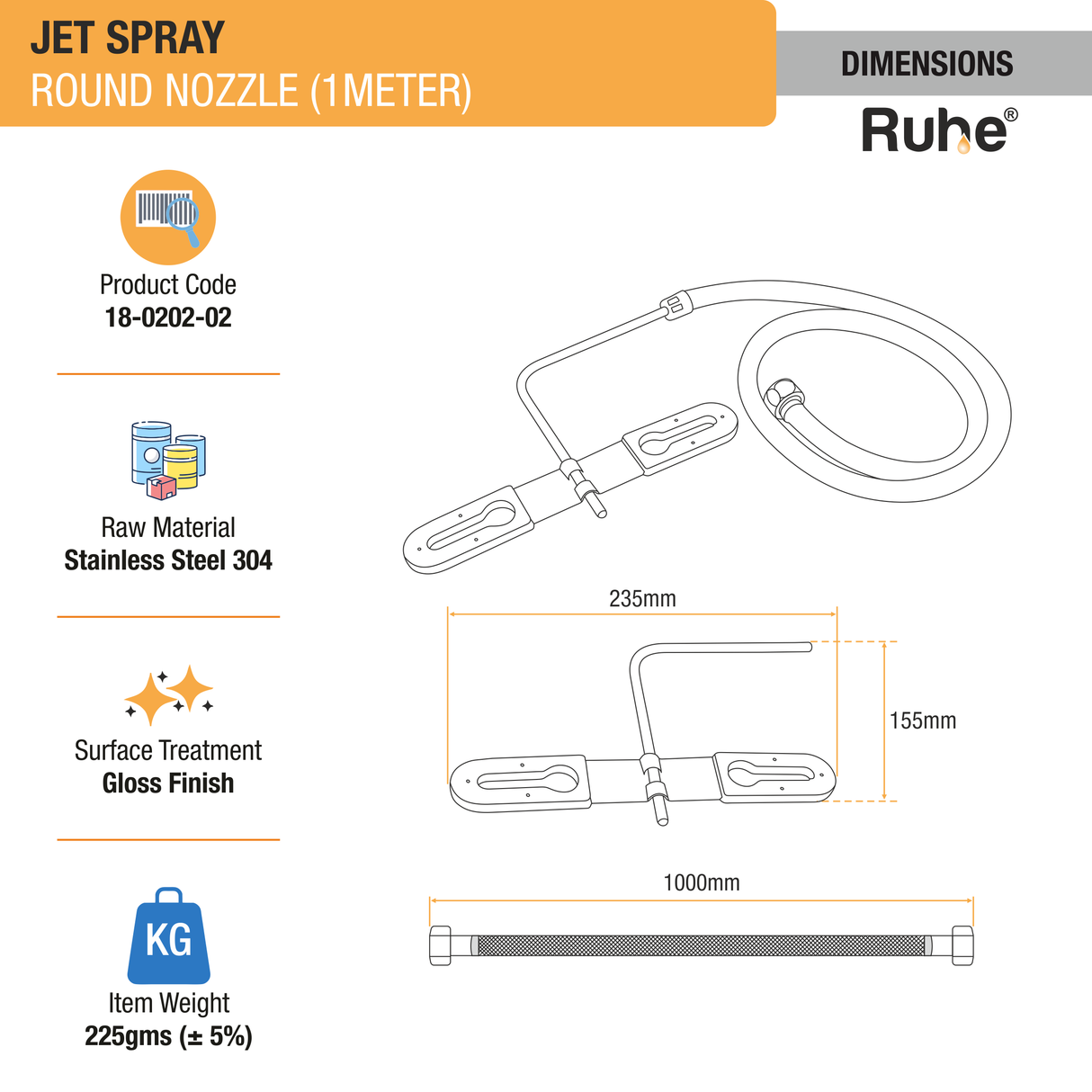 Jet Spray 304-Grade Round Nozzle with 1 Meter Tube - by Ruhe®