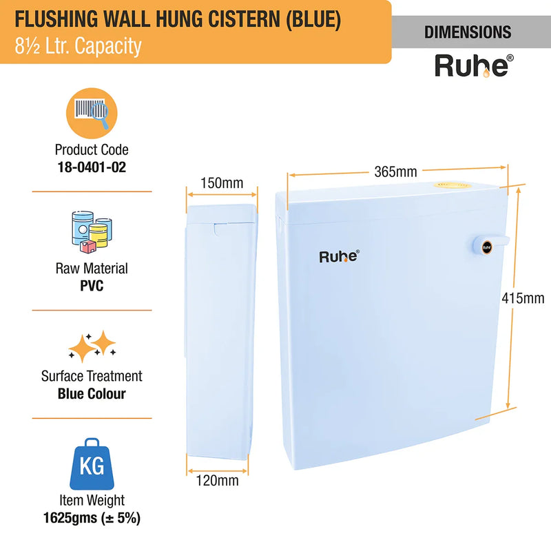 Flushing Wall Hung Cistern 8.5 Ltr. ( Blue) - by Ruhe