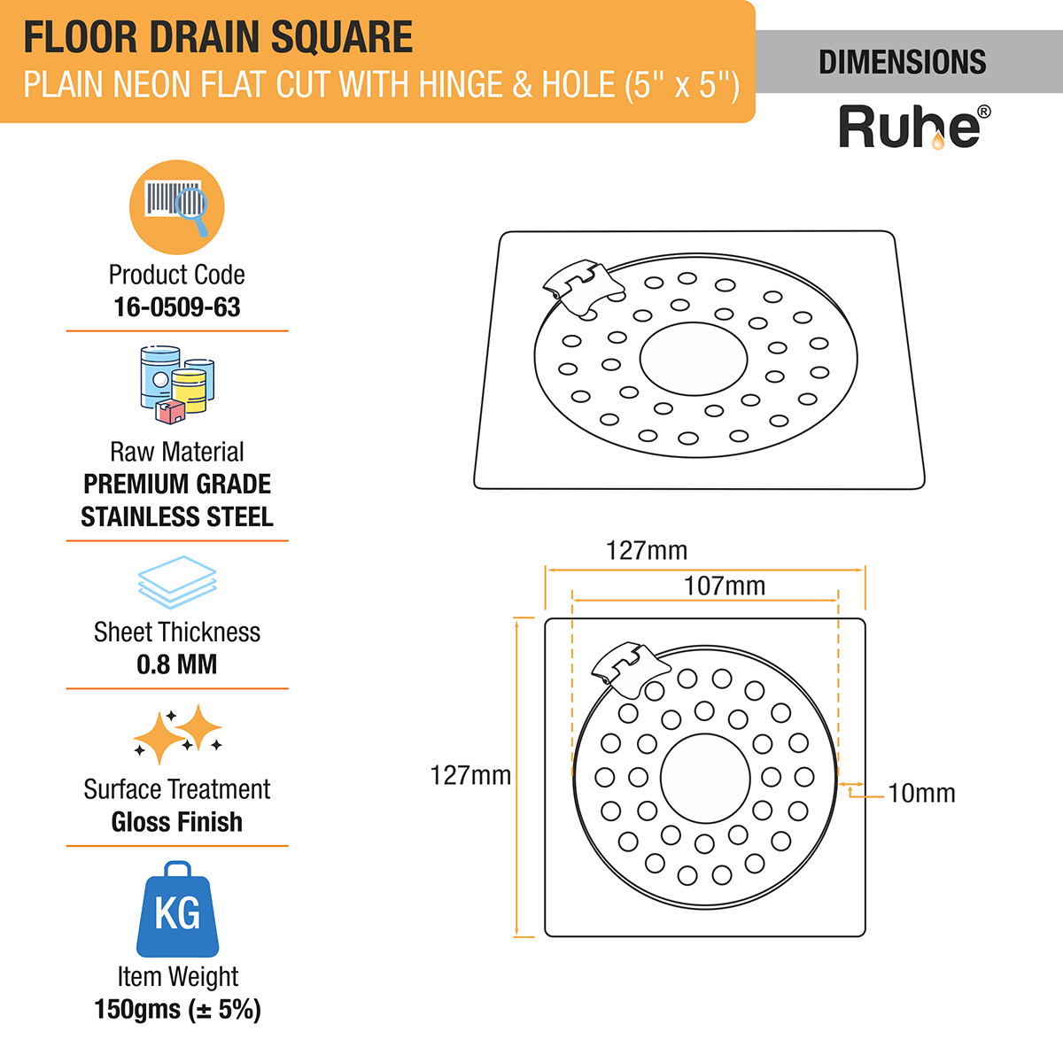 Plain Neon Square Flat Cut Floor Drain (5 x 5 inches) with Hinged Grating Top and Hole - by Ruhe®