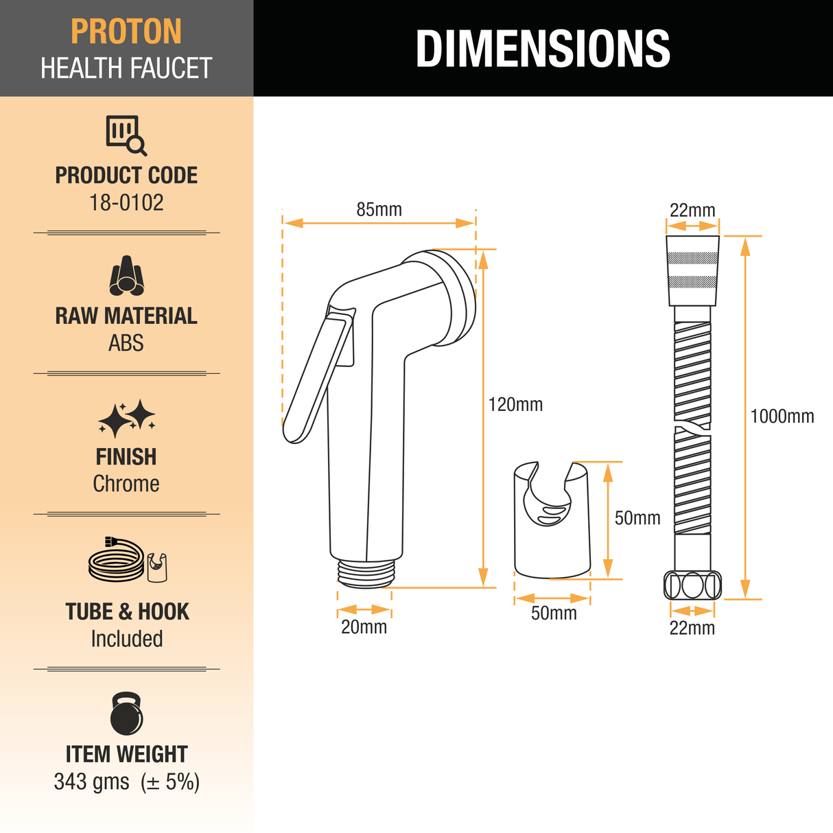 Proton Health Faucet with Braided 1 Meter Flexible Hose (304 Grade) and Hook - by Ruhe®