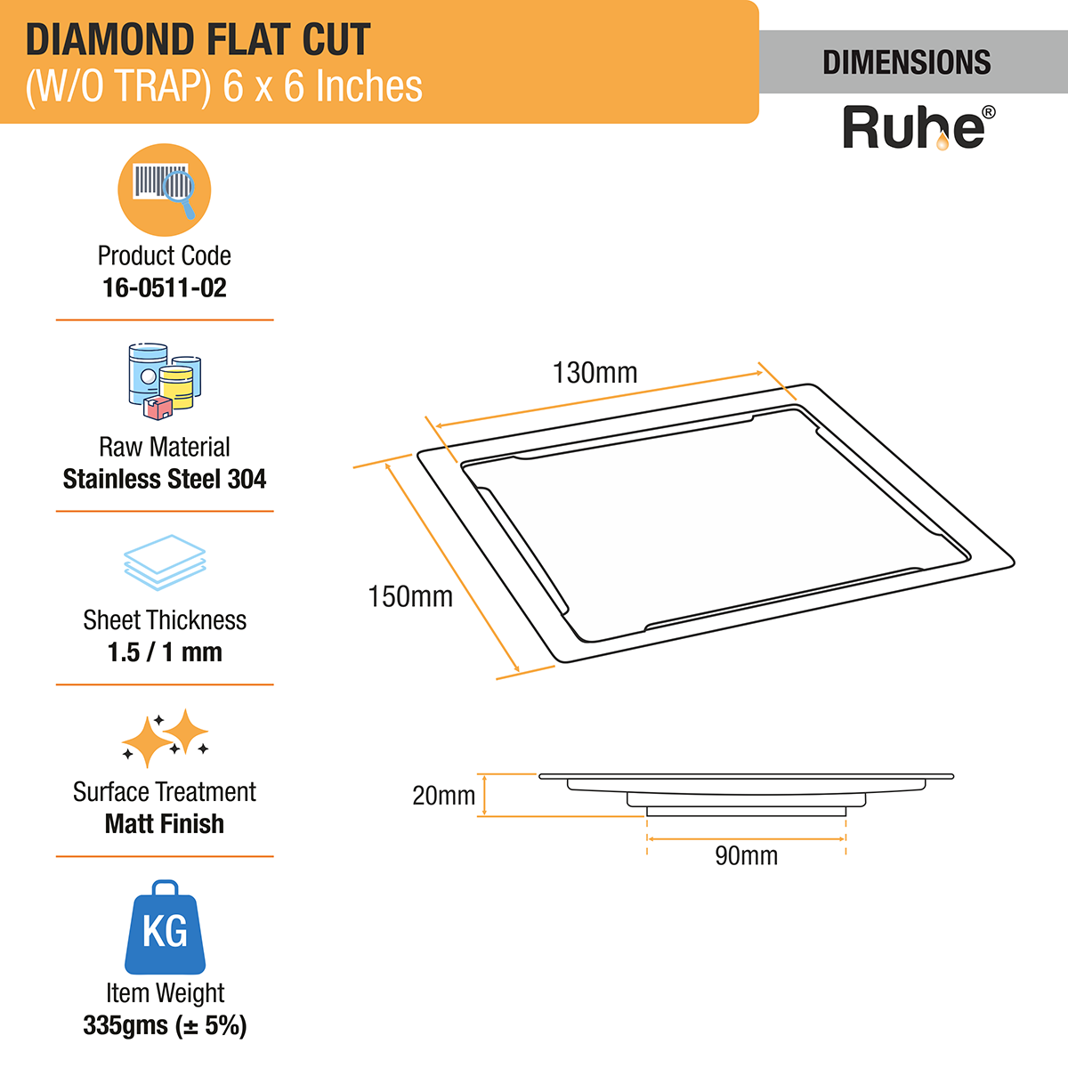 Diamond Square Flat Cut 304-Grade Floor Drain (6 x 6 Inches) dimensions and sizes