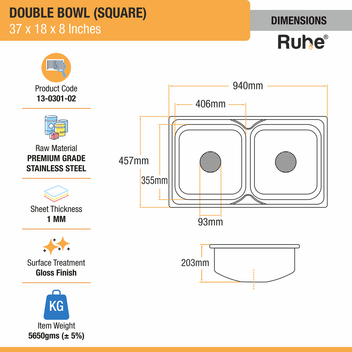 Square Double Bowl Premium Stainless Steel Kitchen Sink (37 x 18 x 8 inches) dimensions and sizes