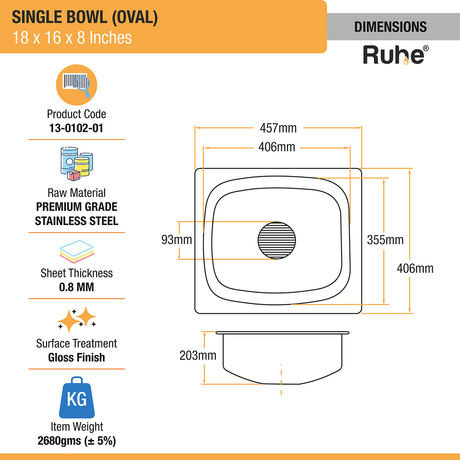 Oval Single Bowl (16 x 18 x 8 inches) Kitchen Sink dimensions and sizes