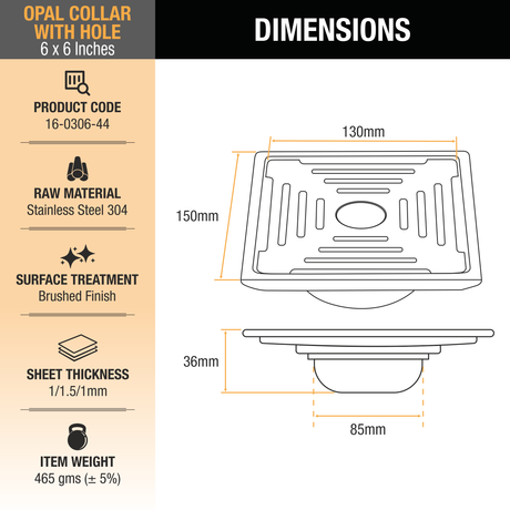 Opal Floor Drain Square (6 x 6 Inches) with Hole and Cockroach Trap 2