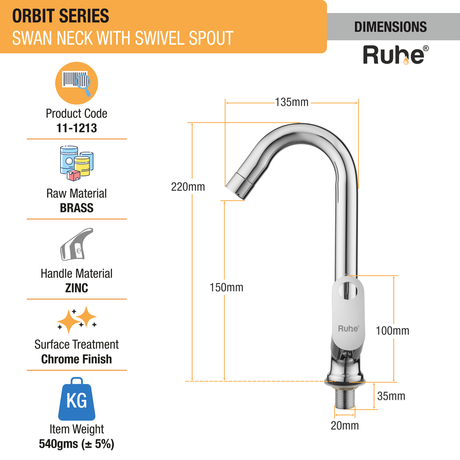 Orbit Swan Neck with Small (12 inches) Round Swivel Spout Brass Faucet dimensions and size