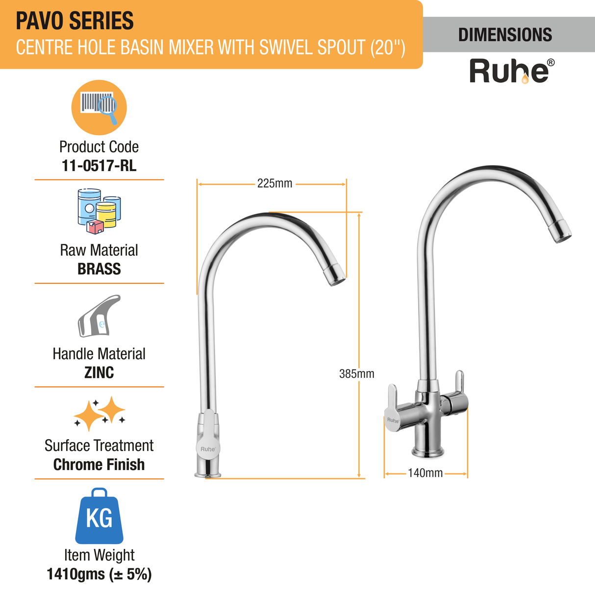 Pavo Centre Hole Basin Mixer with Large (20 inches) Round Swivel Spout Faucet sizes 