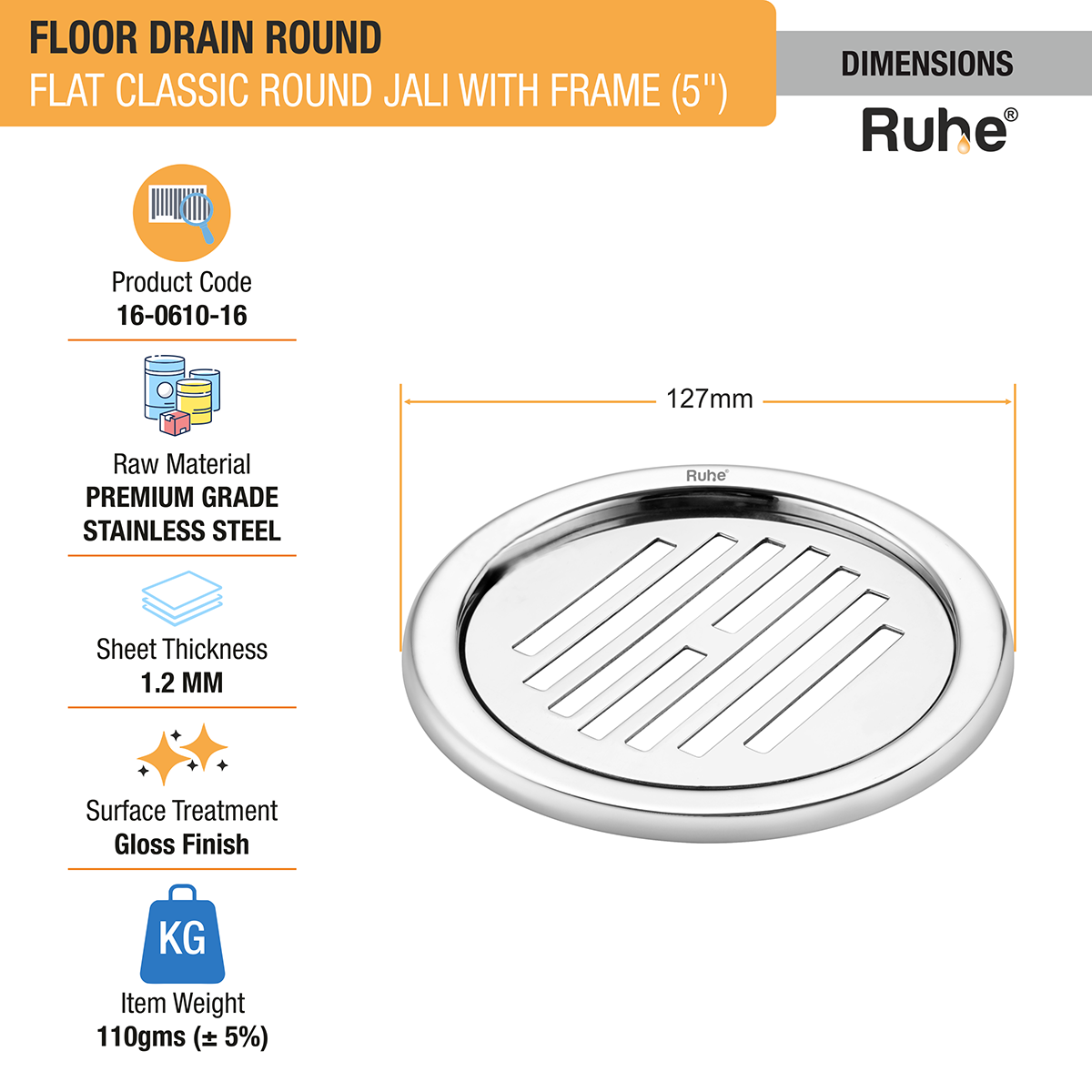 Flat Classic Round Jali Floor Drain (5 inches) with Frame (Pack of 2) - by Ruhe®