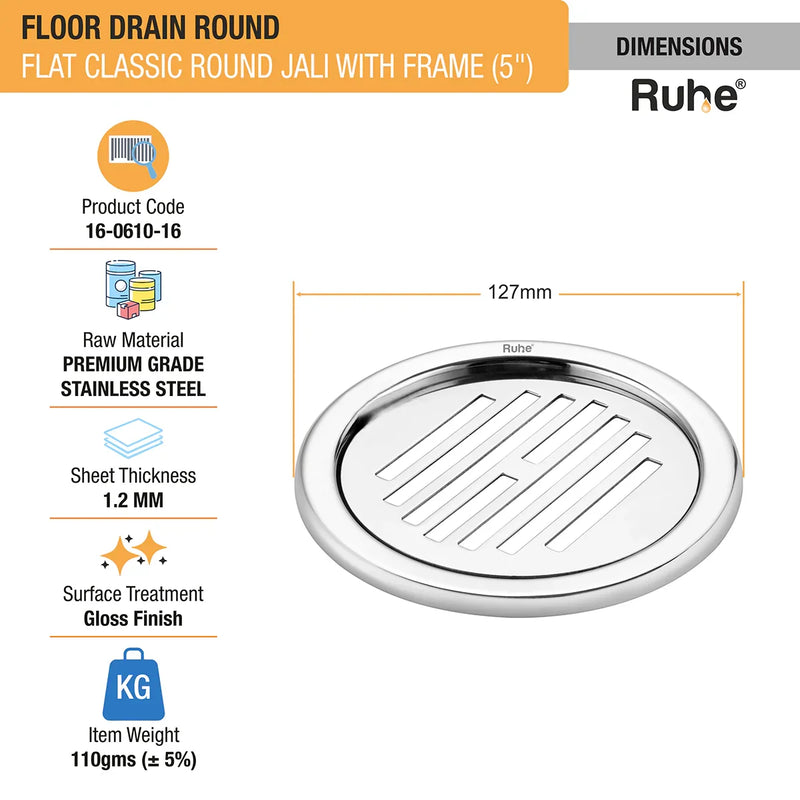 Flat Classic Round Jali Floor Drain (5 inches) with Frame (Pack of 2) - by Ruhe