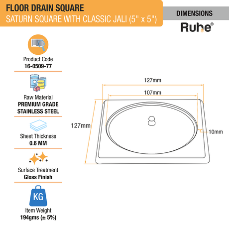 Saturn Classic Jali Square Floor Drain (5 x 5 Inches) with Lid dimensions and size