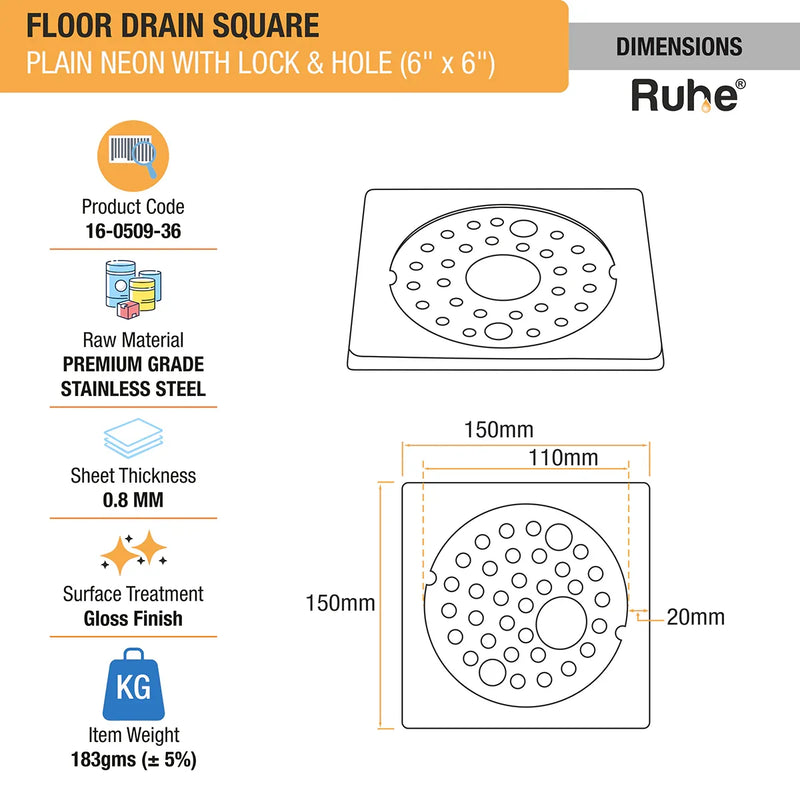 Plain Neon with Collar Square Floor Drain (6 x 6 inches) with Lock and Hole - by Ruhe
