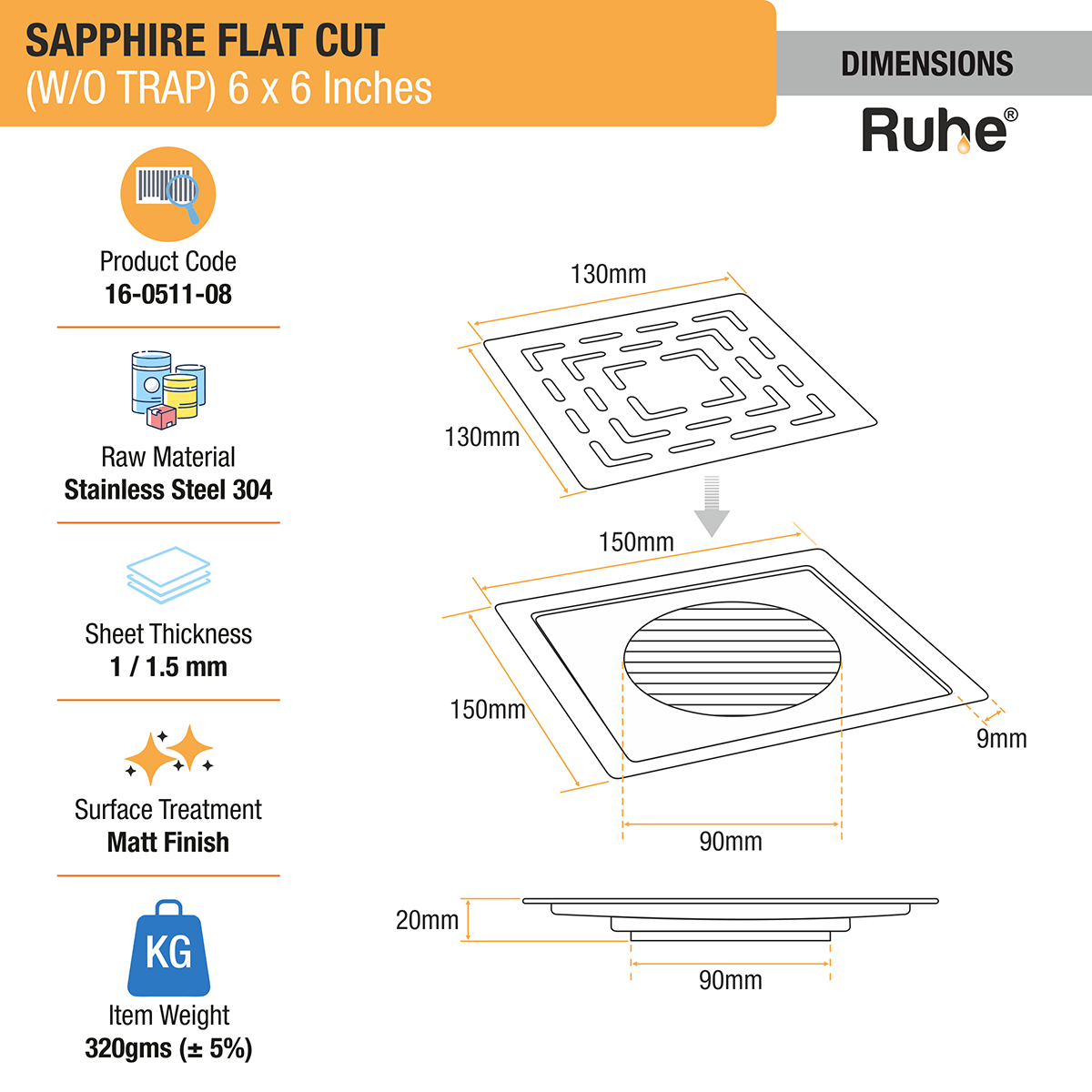 Sapphire Square Flat Cut 304-Grade Floor Drain (6 x 6 Inches) dimensions and sizes