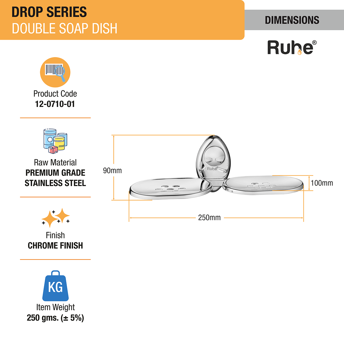 Drop Stainless Steel Double Soap Dish dimensions and sizes