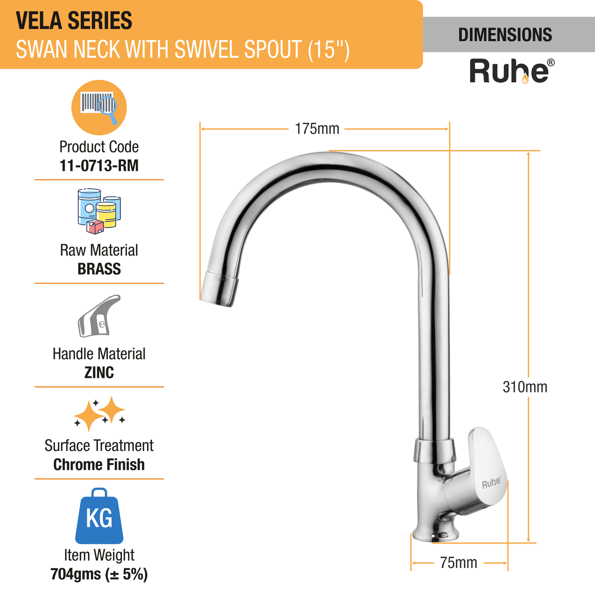 Vela Swan Neck with Medium (15 inches) Round Swivel Spout Faucet sizes
