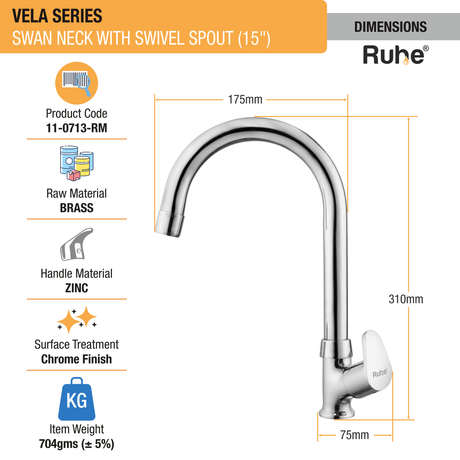 Vela Swan Neck with Medium (15 inches) Round Swivel Spout Faucet sizes