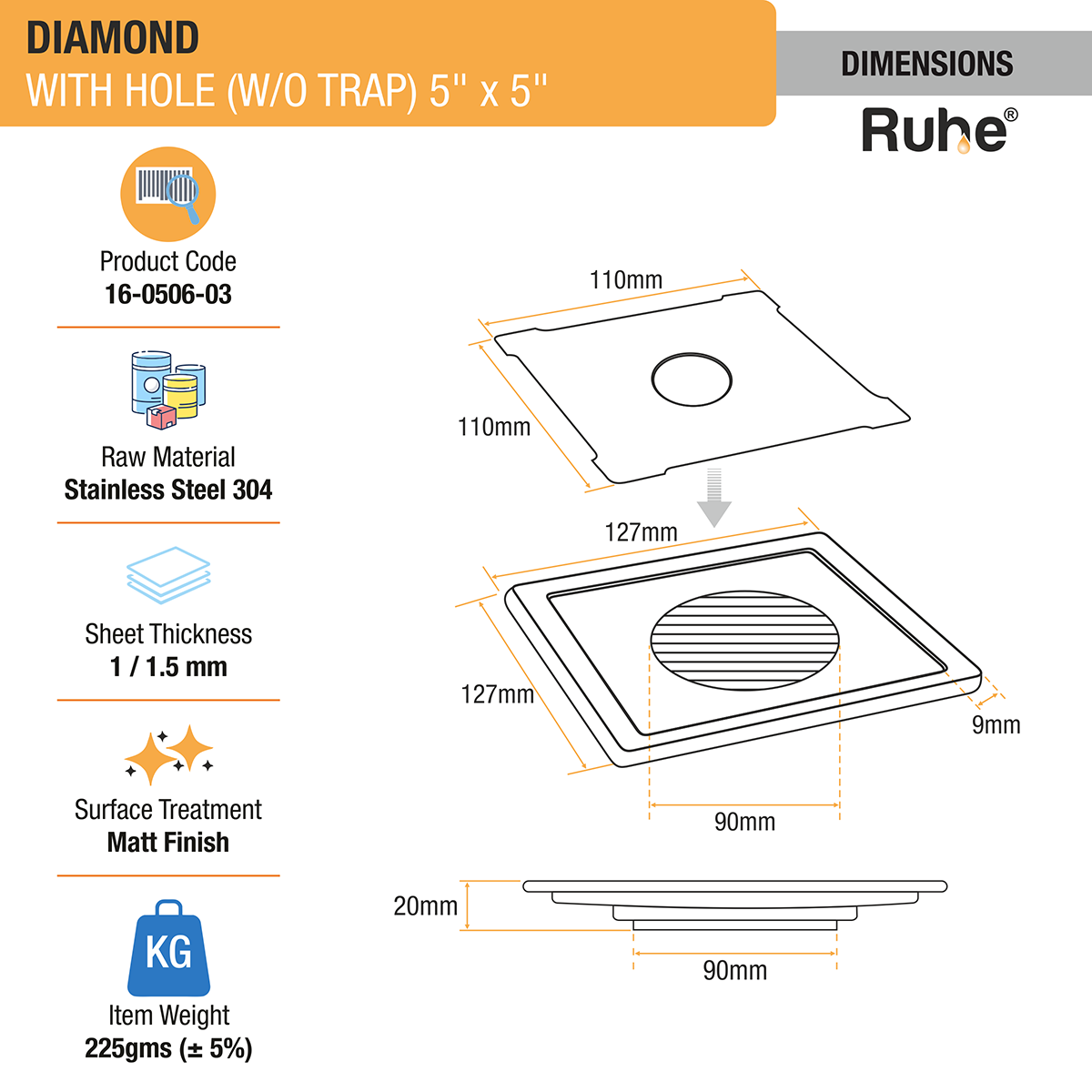 Diamond Square Floor Drain (5 x 5 Inches) with Hole (304 Grade) dimensions and size