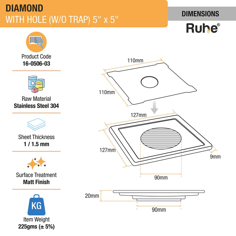 Diamond Square 304-Grade Floor Drain with Hole (5 x 5 Inches) - by Ruhe
