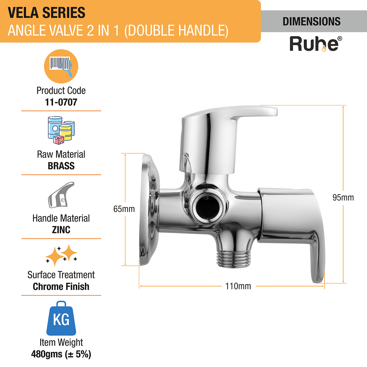 Vela Two Way Angle Valve Brass Faucet (Double Handle) dimensions and size