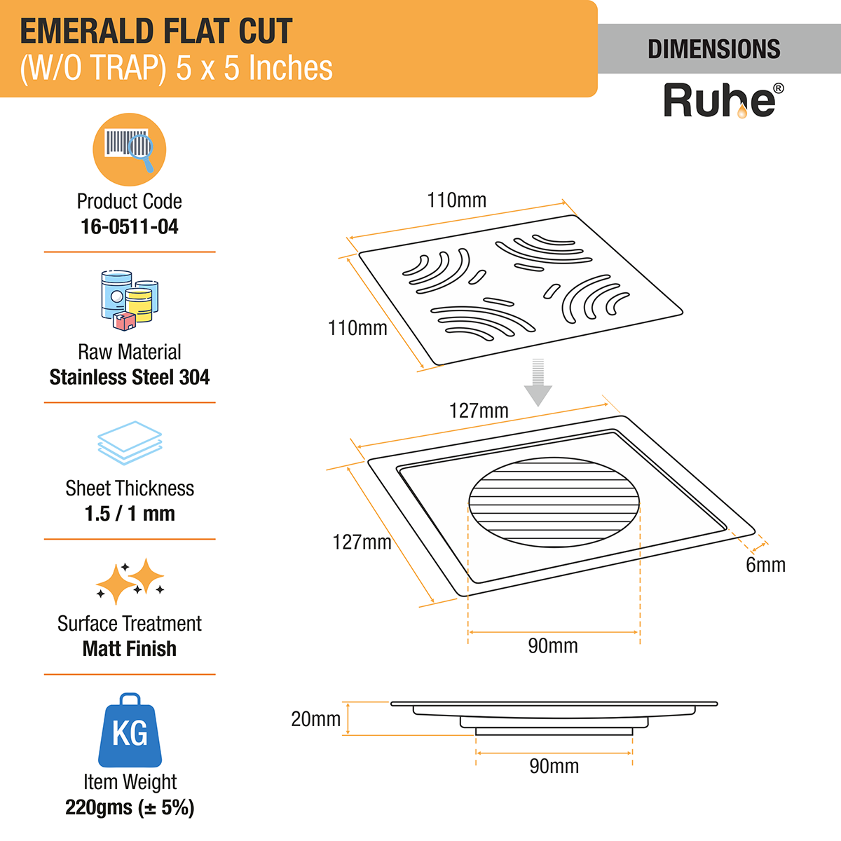 Emerald Square Flat Cut 304-Grade Floor Drain (5 x 5 Inches) - by Ruhe®