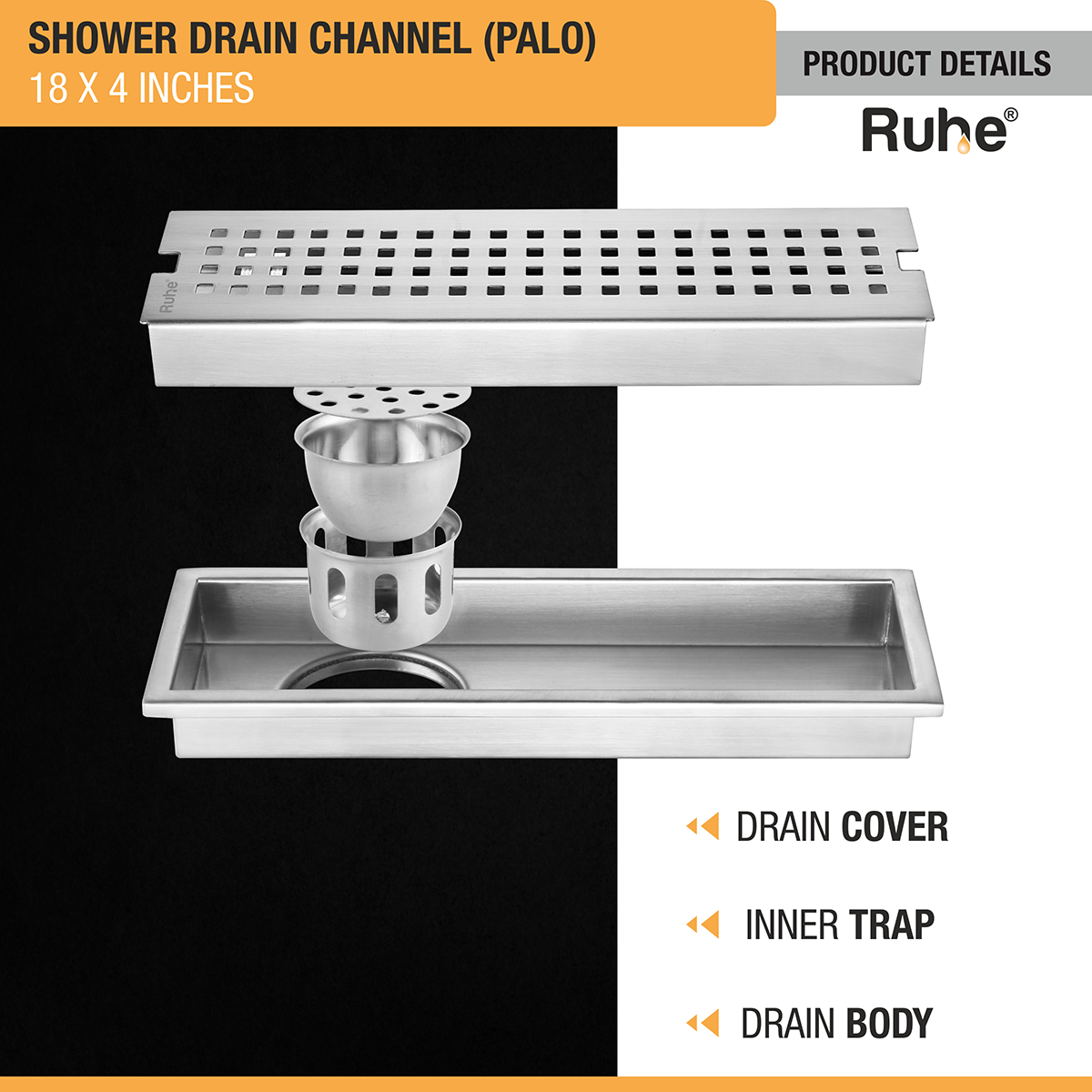 Palo Shower Drain Channel (18 x 4 Inches) with Cockroach Trap (304 Grade) - by Ruhe®