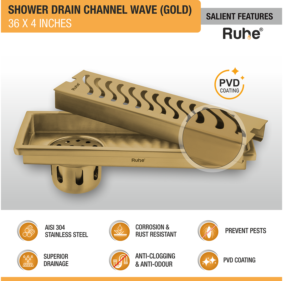 Wave Shower Drain Channel (36 x 4 Inches) YELLOW GOLD features