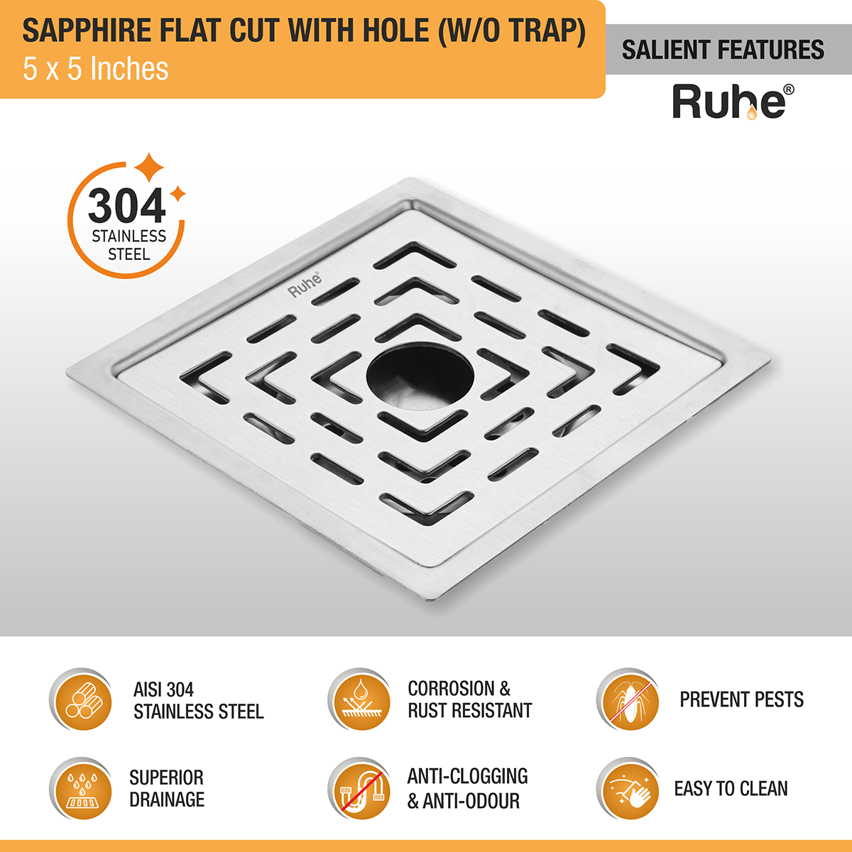 Sapphire Square Flat Cut 304-Grade Floor Drain with Hole (5 x 5 Inches) features and benefits