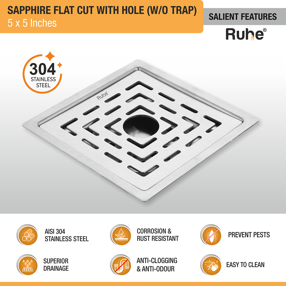 Sapphire Square Flat Cut 304-Grade Floor Drain with Hole (5 x 5 Inches) - by Ruhe®