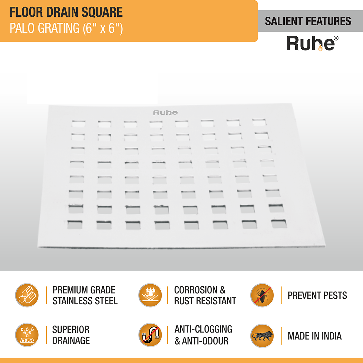 Palo Grating Floor Drain (6 x 6 inches)- by Ruhe ®