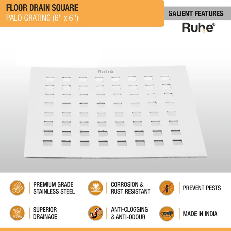 Palo Grating Floor Drain (6 x 6 inches)- by Ruhe
