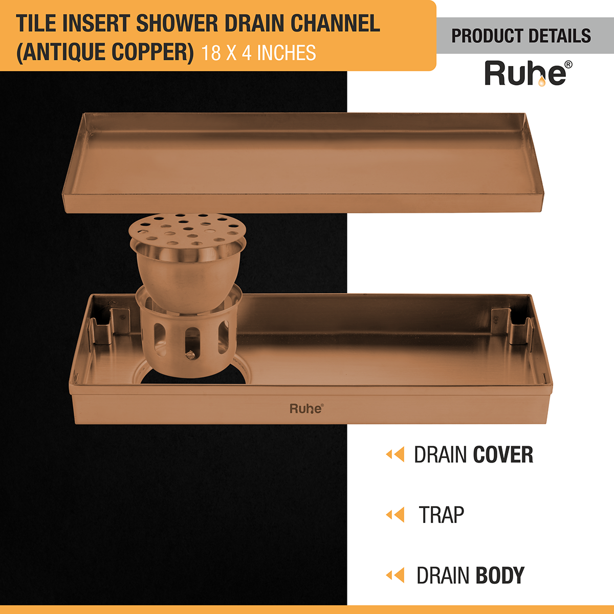 Tile Insert Shower Drain Channel (18 x 4 Inches) ROSE GOLD PVD Coated - by Ruhe®