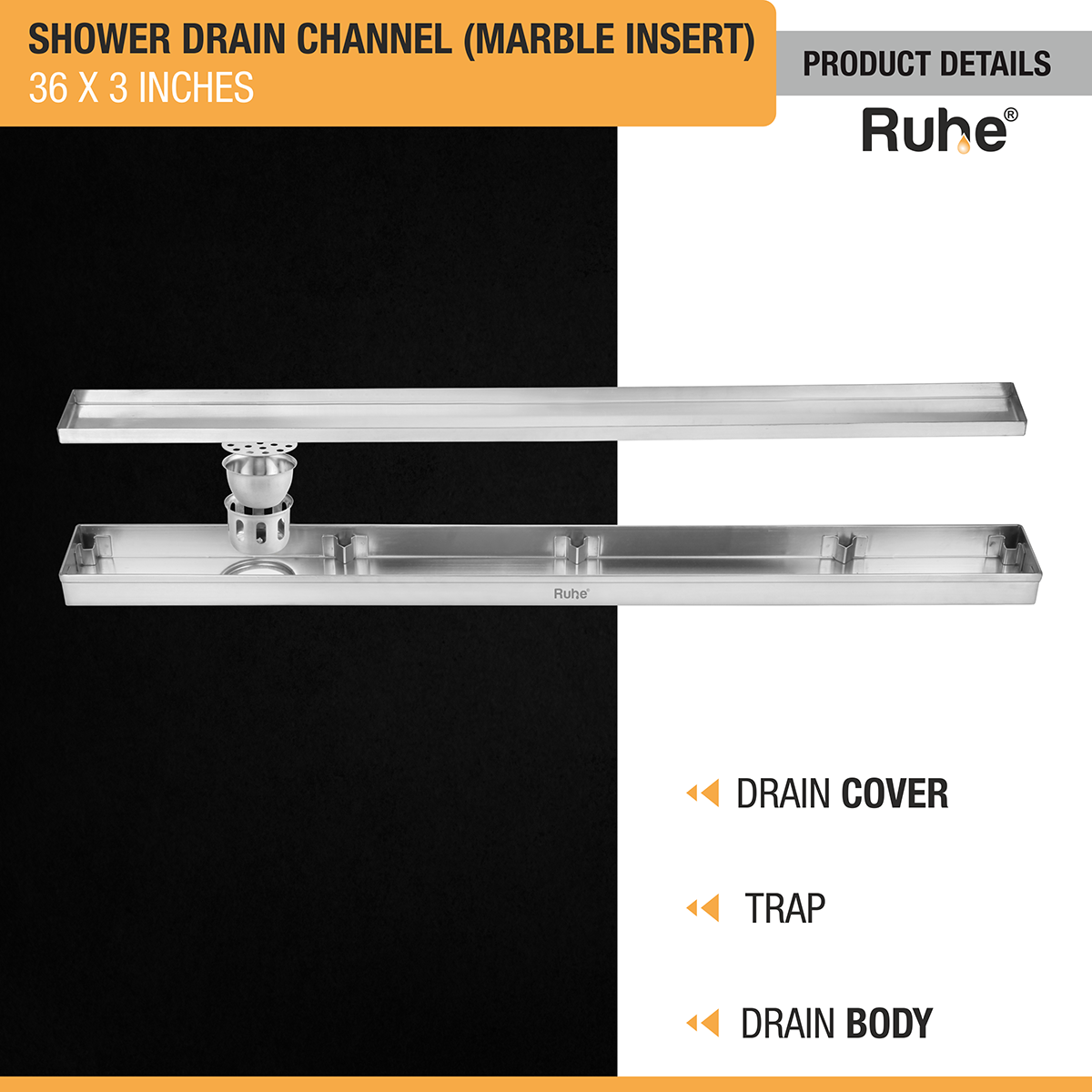 Marble Insert Shower Drain Channel (36 x 3 Inches) with Cockroach Trap (304 Grade) - by Ruhe®