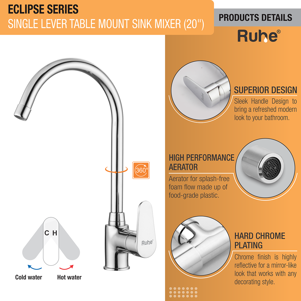 Eclipse Single Lever Table Mount Sink Mixer Brass Faucet with Large (20 inches) Round Swivel Spout features and benefits
