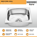 Oval Single Bowl (22 x 18 x 8 inches) Kitchen Sink features and benefits
