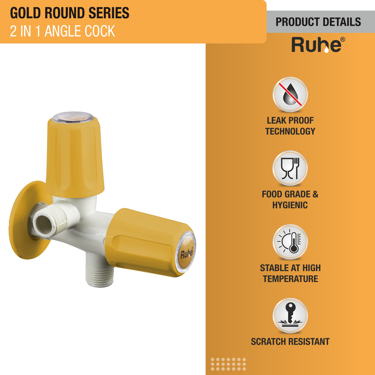 Gold Round PTMT 2 in 1 Angle Cock Faucet details