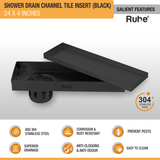 Tile Insert Shower Drain Channel (24 x 4 Inches) Black PVD Coated - by Ruhe®